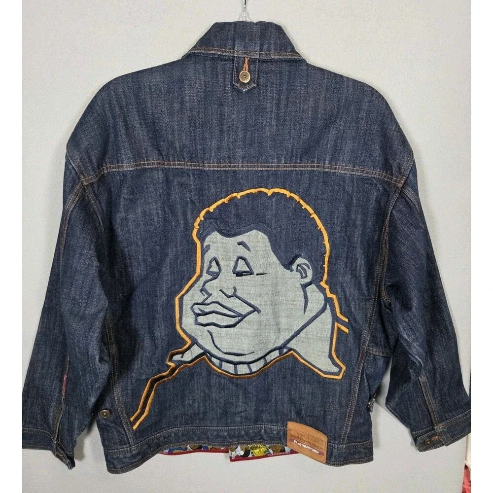 Vtg Platinum FUBU Jacket Mens L Blue Denim Fat Albert Graphic Hip Hop Y2K
